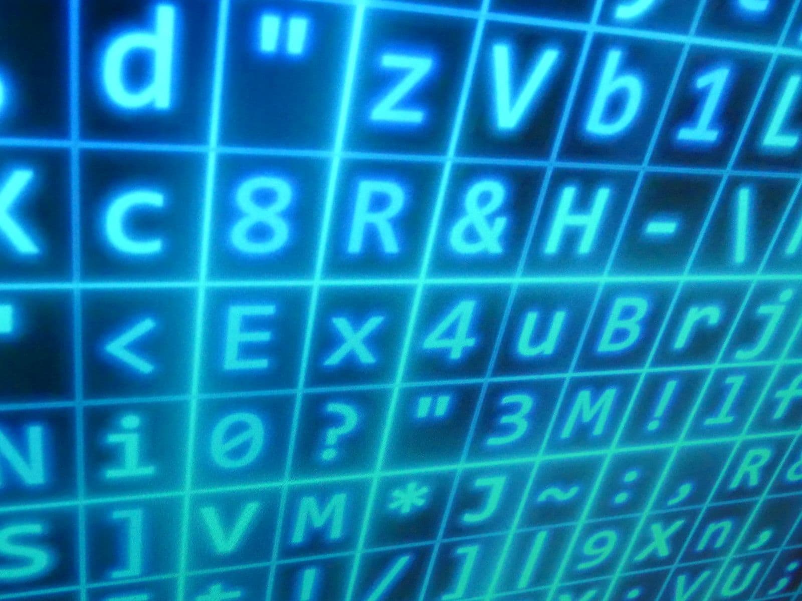Abstract blue glowing digital code symbols arranged in rows and columns, like an encrypted cipher matrix on a dark background.